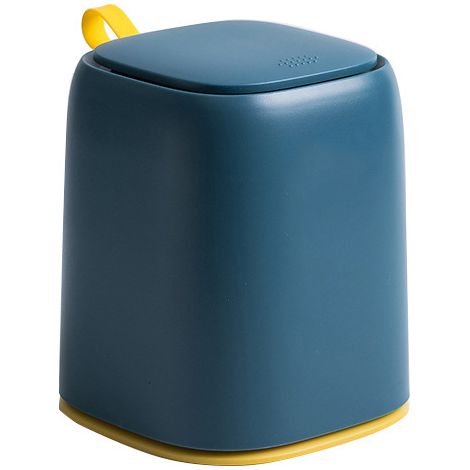 Poubelle de bureau compacte avec couvercle à pression, bleu foncé pour espace de toilette et table de maquillage (1/5)