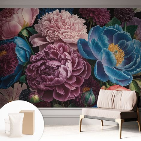 Papier peint intissé pour salon chambre à coucher peint imprimé pour mur - Colle incluse gratuite Fleurs colorées 312x219 cm (1/5)