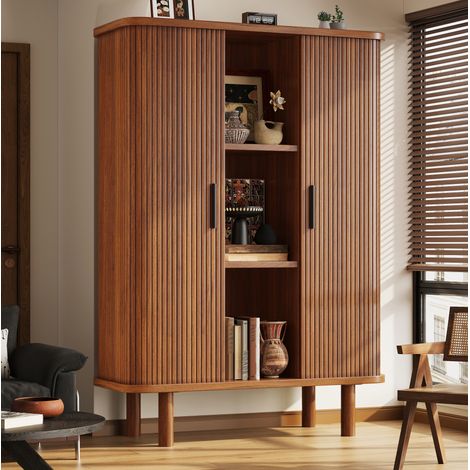Mobile alto 110x40x160 cm con anta scorrevole, ripiani regolabili, gambe in legno, MDF marrone scuro (1/5)