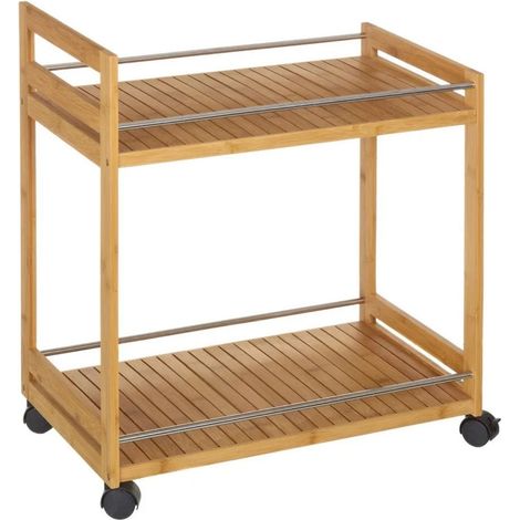 Tavolino laterale in bambù su ruote, 2 ripiani, 55x32x63 cm (1/5)
