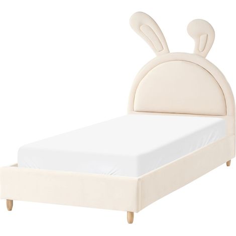 Lit pour Enfants Moderne en Velours 90 x 200 cm Rembourré Sommier à Lattes Tête de Lit Lapin Beige Lallias