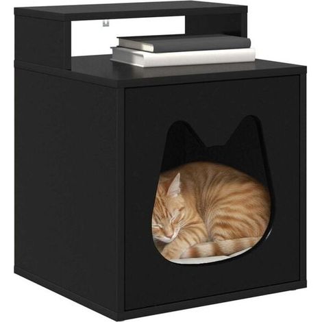 Maison pour chat noir, dimensions : 42,5 x 40 x 53,5 cm, en bois composite. (1/5)