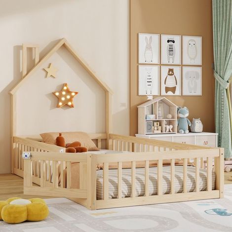 lit cabane enfant 90x200, garde-corps sécurité lit enfant, structure bois massif, design cheminée ludique (1/5)