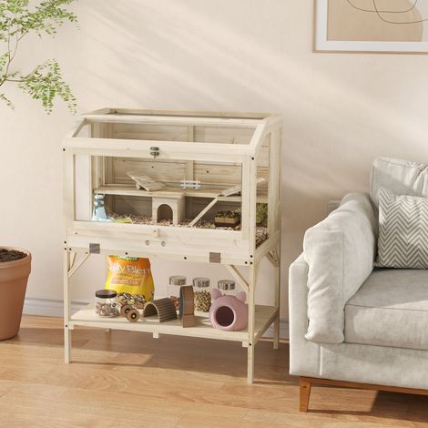 Cage hamster en bois, cage rongeur à 2 niveaux, étagère de rangement, couvercle ouvrant, 84 x 53 x 110 cm, bois naturel (1/5)
