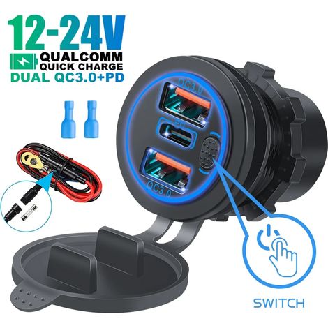 Chargeur de voiture 68 W à triple sortie (USB 3.0 et PD Type-C) avec interrupteur tactile, étanche, pour voiture, bateau, camping-car. (1/5)
