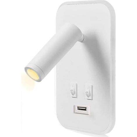 Applique murale LED, liseuse de chevet avec interrupteur, port de charge USB, éclairage d'ambiance réglable pour chambre à coucher (lumière naturelle 3 W + lumière chaude 9 W) Blanc-DOU