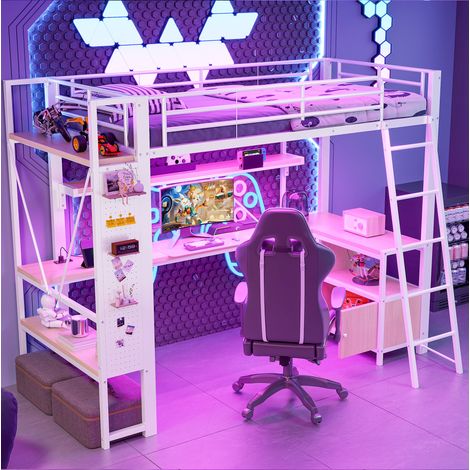 Lit mezzanine 90x200 cm, métal blanc, avec LED, bureau, étagères, panneau perforé et USB