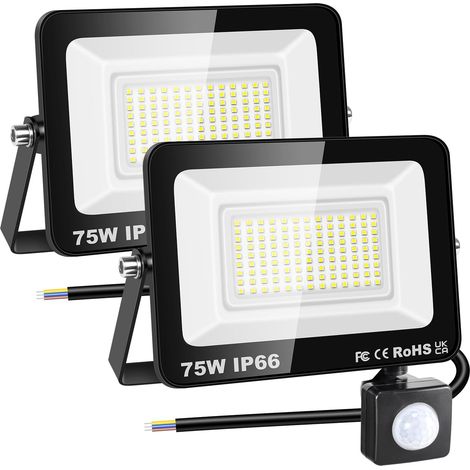 2x 75W Projecteur d'extérieur Led Avec Detecteur de Mouvement, 7500 LM 6000K Blanche Froide, IP66 étanche Éclairage de Sécurité Extérieur, Projecteur led de Patio Garage Terrasse Jardin