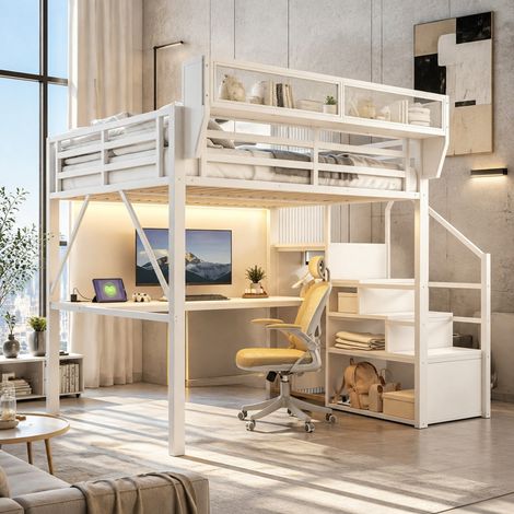 Letto alto in metallo 140 x 200 cm con scrivania, LED, scala e ripiani OKWISH (1/5)