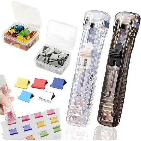Confezione da 2 cucitrici portatili, 100 fermagli riutilizzabili inclusi, cucitrice senza punti metallici, cucitrice a pulsante, ideale per casa, scuola e ufficio (trasparente + nero) (1/5)