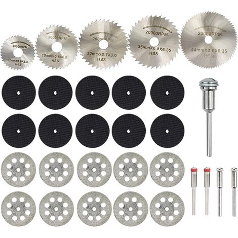 Lames diamantées miniatures, lame de scie circulaire HSS et disque de coupe en résine 22/25/32/35/44 mm pour bois, verre, plastique, pierre, métal (ensemble de 30 pièces)