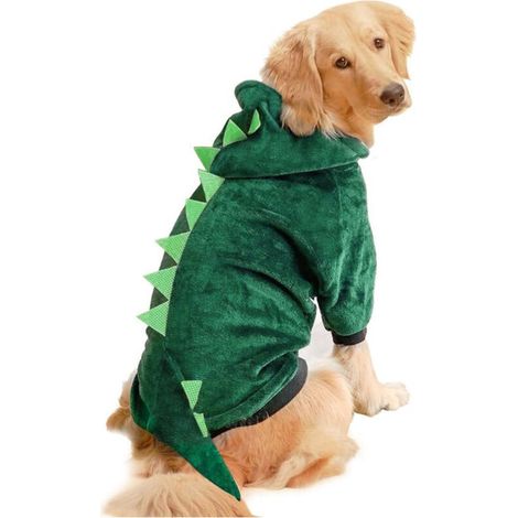 Costume de dinosaure pour grand chien pour Halloween : veste, ensemble de costume d'hiver en laine chaude pour chien, vêtements amusants à capuche.. (1/4)