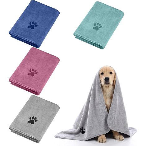 Lot de 4 serviettes pour chien extra absorbantes - 75 x 35 cm - En microfibre - Douces - Séchage rapide - Lavable en machine (4 couleurs) (1/5)