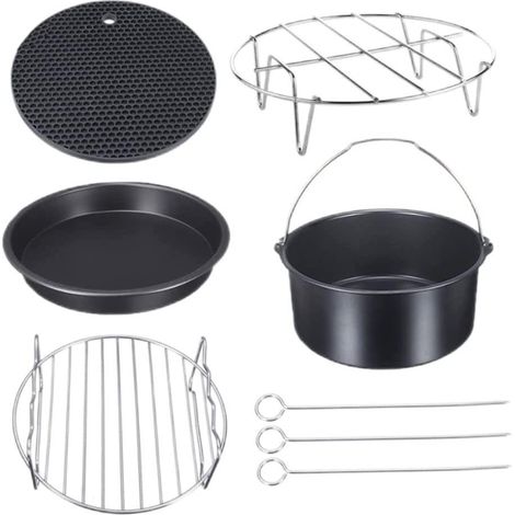 Lot d'accessoires friteuse 5 pièces : moule à gâteau, plaque pizza, grille métallique avec brochettes et tapis silicone, compatible four Ninja 6 pouces. (1/5)