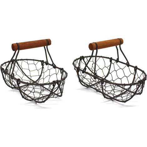 2 paniers à œufs Divers accessoire de portail, ovales en grillage antirouille, poignée en bois, style champêtre vintage (1/4)