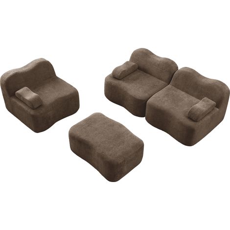 Canapé d’angle modulable 3 places sans cadre avec ottomane, mousse haute résilience 32D, revêtement velours marron (1/5)