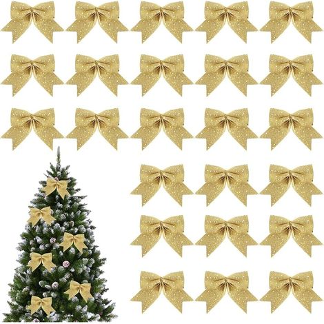 24 Pièces Arcs de Noël Pailletés, Noeud de Ruban de Noël, pour Couronnes de Noël, Décorations de Noël pour Portes, Fenêtres, Jardins (Or)