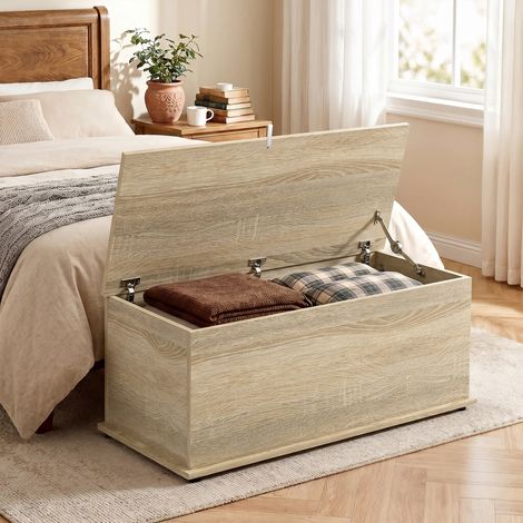 Coffre de rangement, banc de rangement avec couvercle rabattable et charnières de sécurité, 100 x 40 x 40 cm, naturel (1/5)