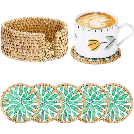 Rattan-Untersetzer mit Halter Handgefertigte Bambus-Untersetzer Untersetzer für Gläser Rundes Design Rattan-Topfuntersetzer Boh me und Dekorativ 10 cm (1/5)