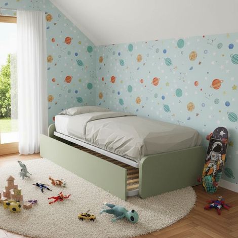 Letto singolo con letto estraibile, trasformabile in matrimoniale. Testate personalizzabili, reti in acciaio e doghe in faggio - Salvia