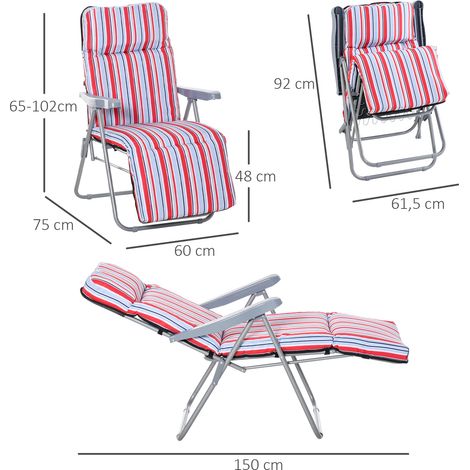 Set de 2 transats, Transat de plage, Transat de jardin avec coussins, pliable, dossier réglable, Acier+Polyester, Rouge, 60 x 75 x 65-102 cm (1/5)