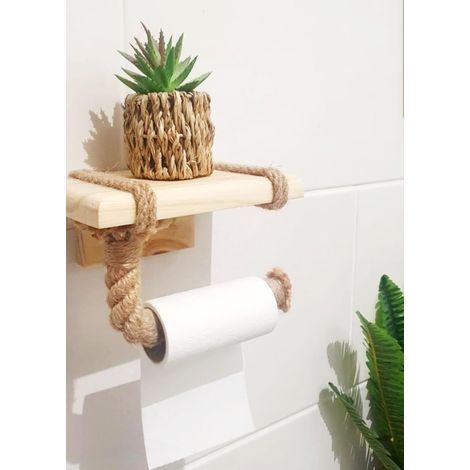 Dérouleur Porte Papier Toilette avec étagère - Tablette en Bois et Corde pour téléphone ou déco - (1/5)