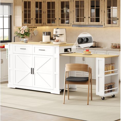 Isola cucina 130(205)x50x93 cm, piano estraibile, prese integrate, 2 cassetti, MDF, bianco naturale (1/5)