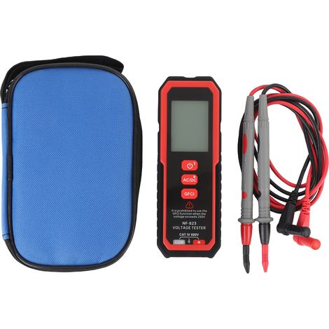 Rilevatore di tensione digitale AC/DC con interruttore differenziale (GFCI), display a LED, indicatori luminosi e alta precisione – Tester portatile per la manutenzione di impianti elettrici NF-823. (1/5)