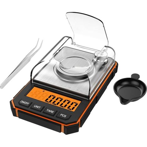 Balance de précision 0,001 g, 50 g/0,001 g, balance numérique milligramme, balance de précision, avec écran LCD, poids d'étalonnage et pincettes, pour poêles berceuses (orange) (1/5)
