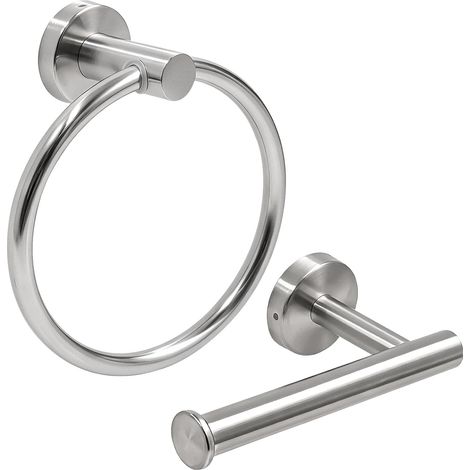 Set De 2 Porte Serviette Salle De Bain Et Porte Papier Toilette À Percer, Anneau Porte Serviette INOX Chromé pour WC Cuisine Buanderie (1/5)