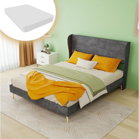 Cama tapizada 140x200 cm de tela gris con cabecero y base baja – con colchón – MEUBLIV (1/5)