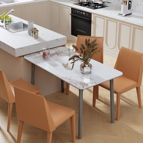 Minimalist Dining Table with Rectangular Sintered Stone and Tempered Glass Tabletop, Big Robust Aluminum Legs - 160x80cm (1/5)