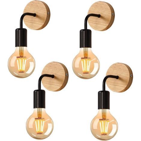 Applique murale LED rétro 4 pièces en fer noir et bois clair avec douille E27 pour ampoules vintage – design industriel pour salon et chambre (1/5)