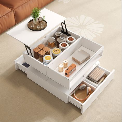 Couchtisch 70x67x57 cm, Lift-Top-Design, 16-farbige LED-Beleuchtung, mit Glasoberfläche, Spanplatte, Weiß (1/5)