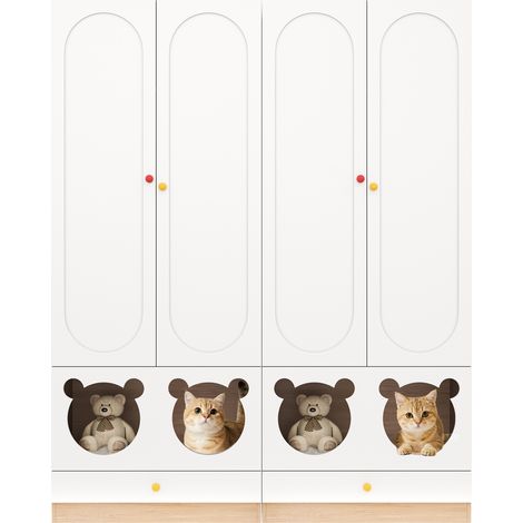 CAIziArmoire enfant 2 parties 160×50×200 cm, penderie et niche chat,blanc bois