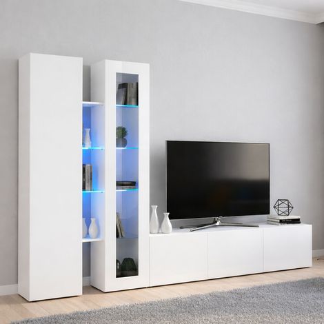 Dmora - Pared Equipada Dcau, Conjunto de salón Mueble de TV con 3 puertas, Mueble de salón polivalente con vitrina y luz LED, 100% Made in Italy, cm 280x30h180, Blanco brillo (1/5)