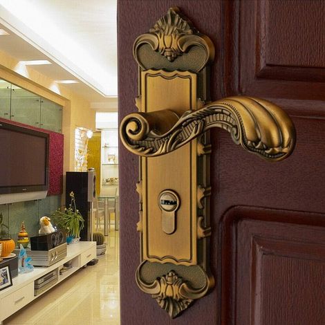 Türgriff Antiquität Türbeschlag mit Schloss Schlüssel Türschloss Türklinke 230mm x 55mm Drückergarnitur Türdrücker für Massivholztüren, Stahl-Holz-Türen
