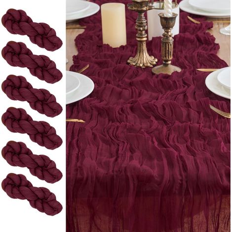 6er Set Tischläufer Weinrot 90x300cm Gaze Stoff für Hochzeitsdeko