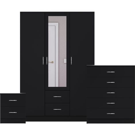 Riano 3 Piece Bedroom Set (2 Drw Bedside Chest, 5 Drw Chest, 3 Dr 2 Drw Mirrored Wardrobe), Black (1/3)