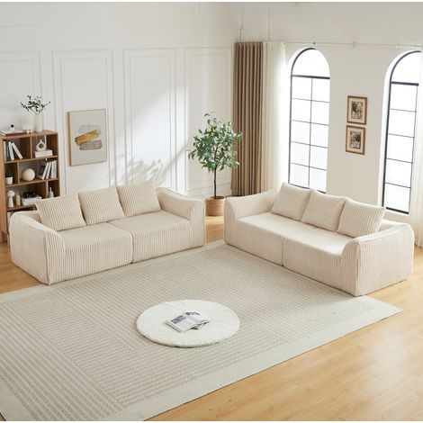Canapé modulaire en velours côtelé beige avec mousse, lignes courbes, sans montage, facile à déplacer (1/5)