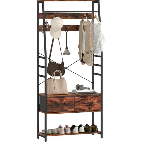 Armoire avec étagère à chaussures, porte-manteau avec banc, 10 crochets, 2 tiroirs en tissu, tringle à vêtements, panneaux de particules, métal, marron
