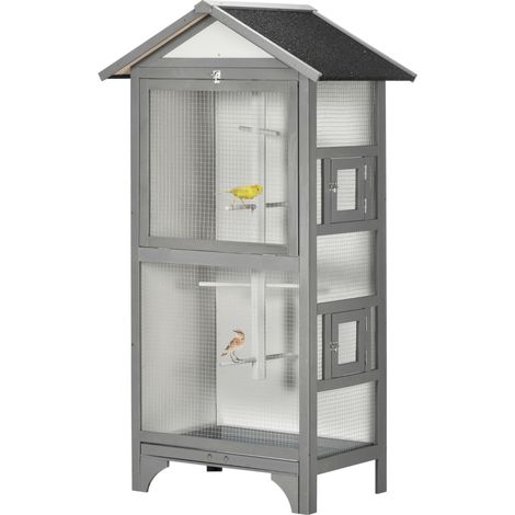 Volière en Bois Gris Clair pour Petits Oiseaux avec 3 Portes d'Accès 80,5x57x158,5cm Extérieur (1/5)