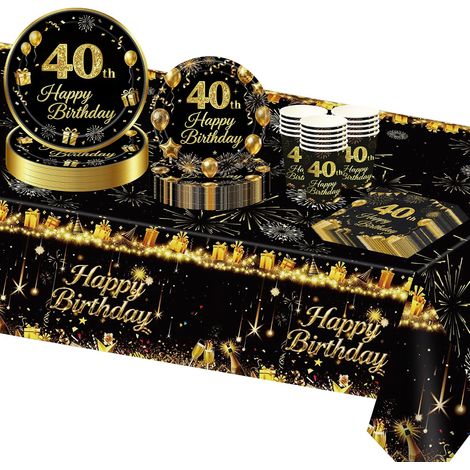 Decoration Anniversaire 40 ans Homme Femme, Noir Or Papier Assiette Jetable Serviette Gobelets Nappe pour Deco Anniversaire 40 ans Femmes Homme 16 Invites (40ans) (1/5)
