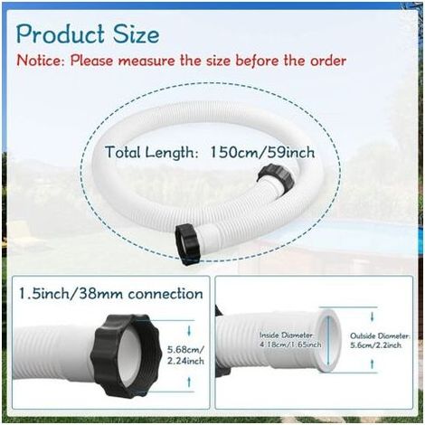 2 tuyaux de pompe à sable pour piscine hors sol (150 x 3,8 cm) pour système de filtration au sel. Compatibles avec les pompes de filtration et les systèmes à eau salée. (1/5)
