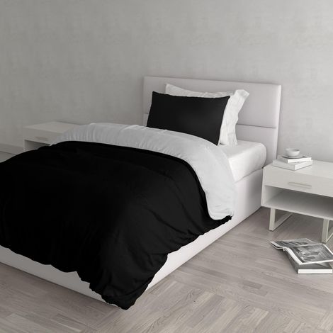housse de couette double-face couleur unie avec taies d'oreiller, 100 % Coton, Noir/Gris, Small (1/5)