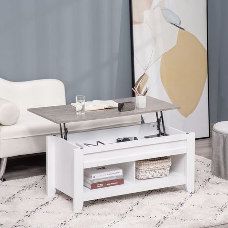 Mesa de Centro Elevable Mesa de Café con Encimera Elevable 2 Compartimentos Abiertos y Espacio Oculto de Almacenaje 105x50x49 cm Blanco y Efecto Mármol (1/5)