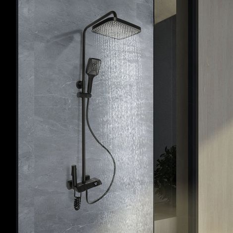 Juego de cabezal de ducha, cabezal de ducha tipo lluvia de 27 x 18cm, ducha de mano, boquilla adicional y grifo, columna de ducha regulable con luz ambiental, altura ajustable de 85 a 120 cm
