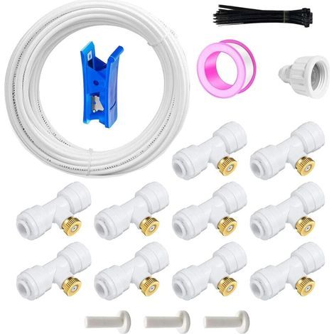 10m Kit d’Irrigation Système avec 10 Buses de Brume Joint en T,Système Refroidissement parbrumisateur par Brouillard pour Jardin,Serre(Blanc - (1/4)