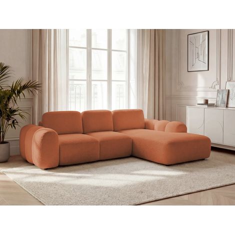 BOBOCHIC - Canapé d'angle convertible coffre grande méridienne MONTAIGNE tissu bouclette Angle droit Orange