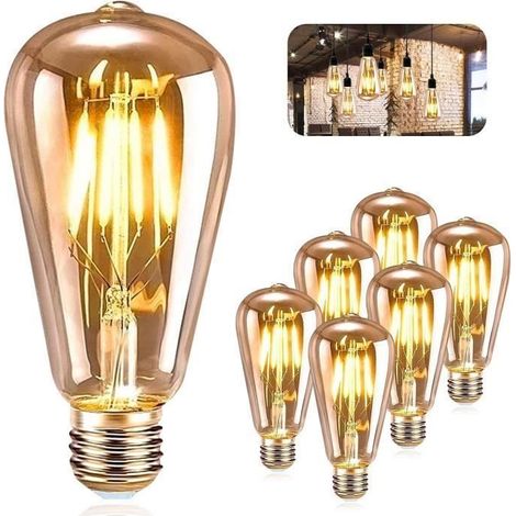 Ampoule Edison Vintage E27, 6 Pièces Ampoule Filament E27 Vintage ST64 Lampe Décorative Rétro Ampoule LED Edison Antique Lampe 6W (1/4)
